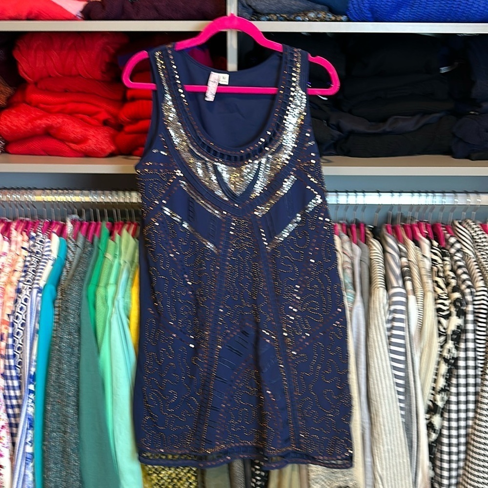 Alya navy with bronze/silver sequins and beads shift dress size M